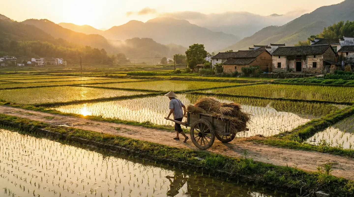 cl最新2019入口地址免登录 - 金色夕阳下的乡村田野，老农推着木车行走在田埂上